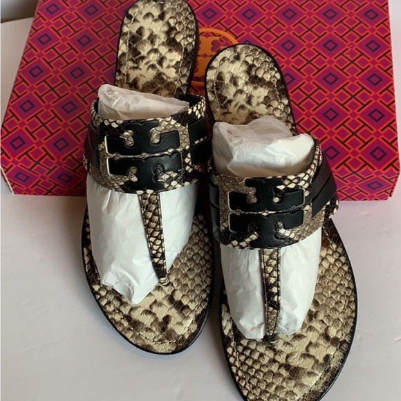 Tory Burch Leigh Flip Flop Double T Logo Snake Print Leather Sandals - Picture 2 of 5